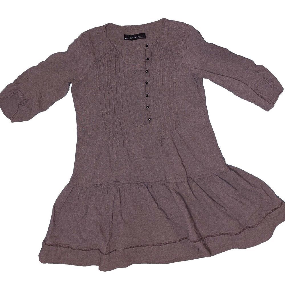 Zara Drop Waist Mini Dress Pleated Henley Top Small Brown Gauze Neutral Minimal - Picture 12 of 12